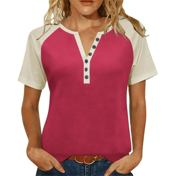 Womens Plus Size Henley Shirt, Raglan Short Sleeve Shirts for Women Summer Casual Solid Color Button Up Crewneck T-Shirts