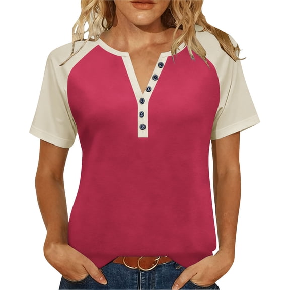 Womens Plus Size Henley Shirt, Raglan Short Sleeve Shirts for Women Summer Casual Solid Color Button Up Crewneck T-Shirts