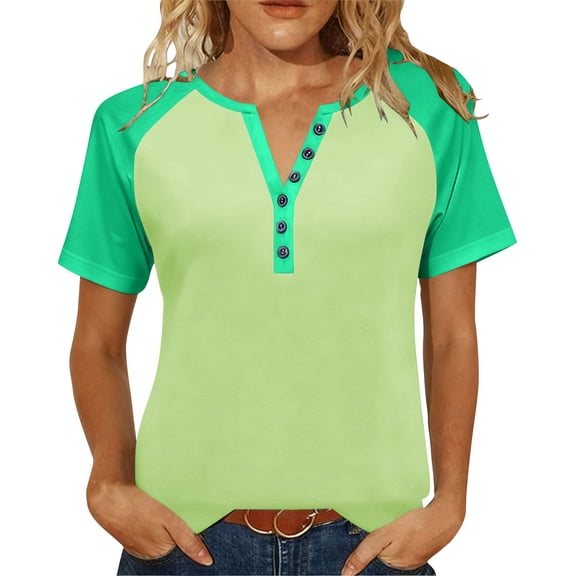 Womens Plus Size Henley Shirt, Raglan Short Sleeve Shirts for Women Summer Casual Solid Color Button Up Crewneck T-Shirts