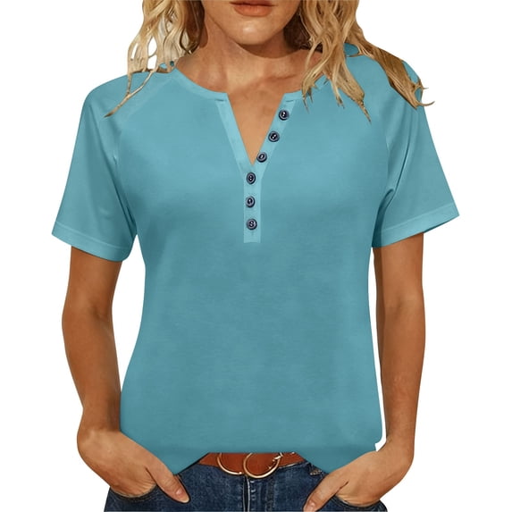 Womens Plus Size Henley Shirt, Short Sleeve Shirts for Women Summer Casual Loose Fit Solid Color Button Up Crewneck T-Shirts