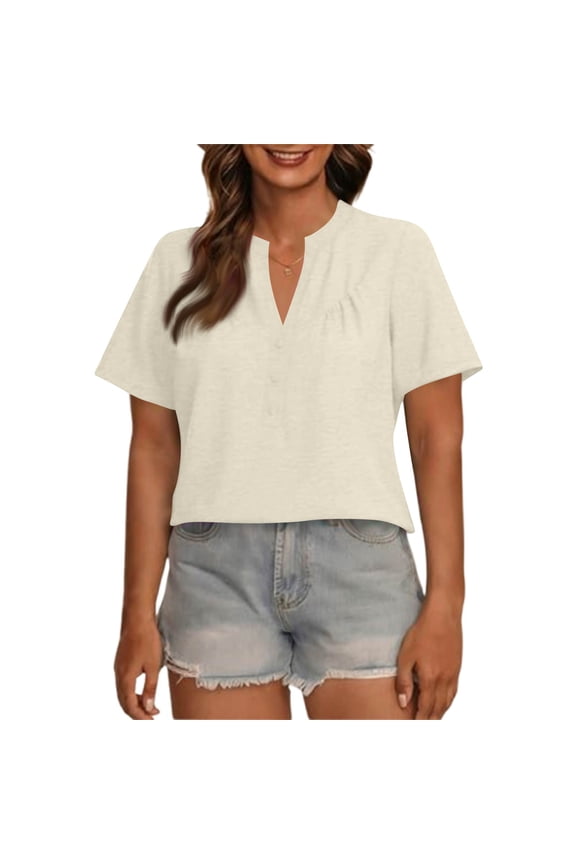 Womens-Plus-Size-Henley-Shirts Casual V Neck Summer Short Sleeve Tops Cute Buttons Decor Blouses Flowy Pleated Tunics , Beige - 5XL
