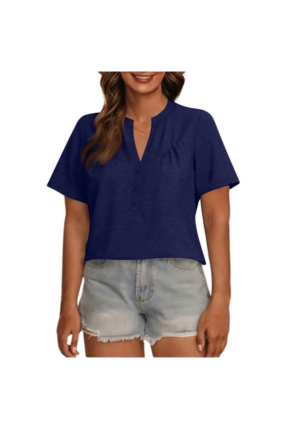 Womens-Plus-Size-Henley-Shirts Casual V Neck Summer Short Sleeve Tops Cute Buttons Decor Blouses Flowy Pleated Tunics , Navy - 4XL