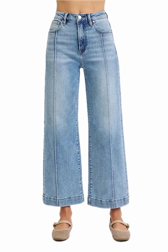 Womens Plus Size High Rise Crop Wide Leg Jeans Light Blue Wash with Front Seam Detailing and Five Pocket Design Stretch