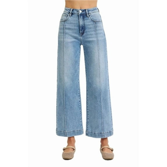 Womens Plus Size High Rise Crop Wide Leg Jeans Light Blue Wash with Front Seam Detailing and Five Pocket Design Stretch