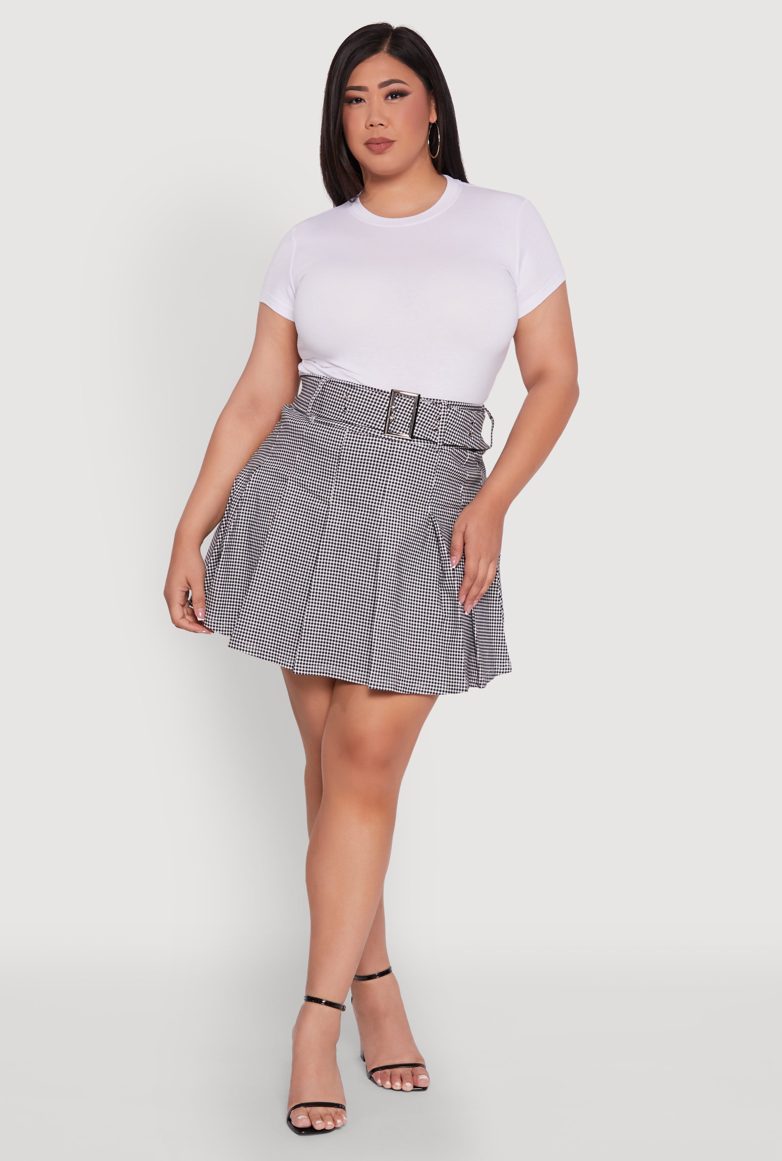 Womens Plus Size High Waist Mini Pleated Skirt with Belt