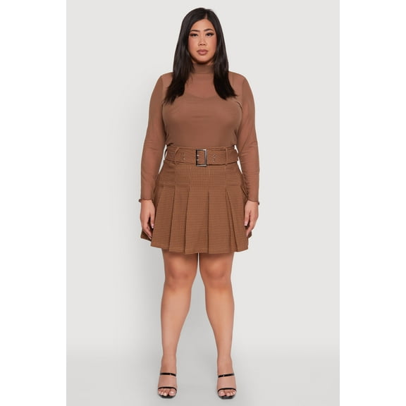Womens Plus Size High Waist Mini Pleated Skirt with Belt