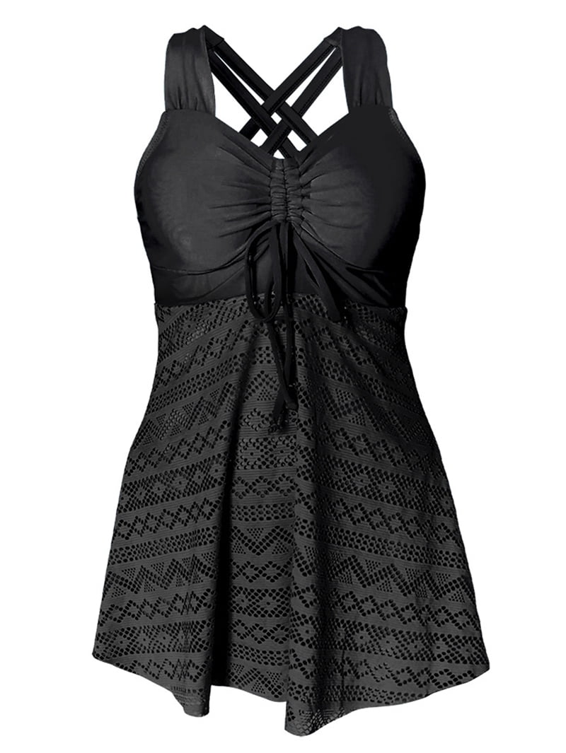 Womens Plus Size High Waist Skirted Swimsuit Tummy Control Lace Mesh Top and Swim Bottoms Black 4XL