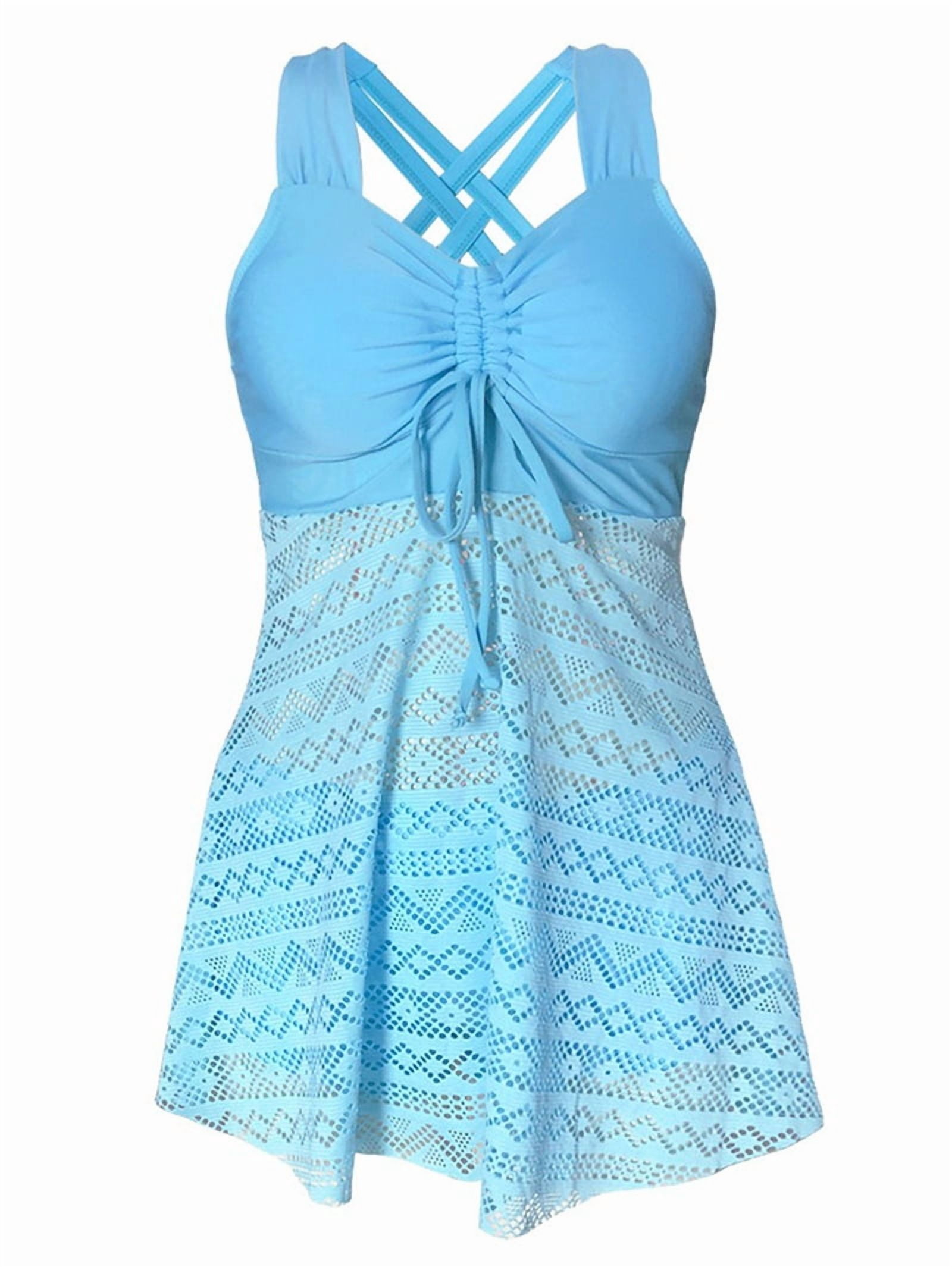 Womens Plus Size High Waist Skirted Swimsuit Tummy Control Lace Mesh Top and Swim Bottoms Light Blue 4XL