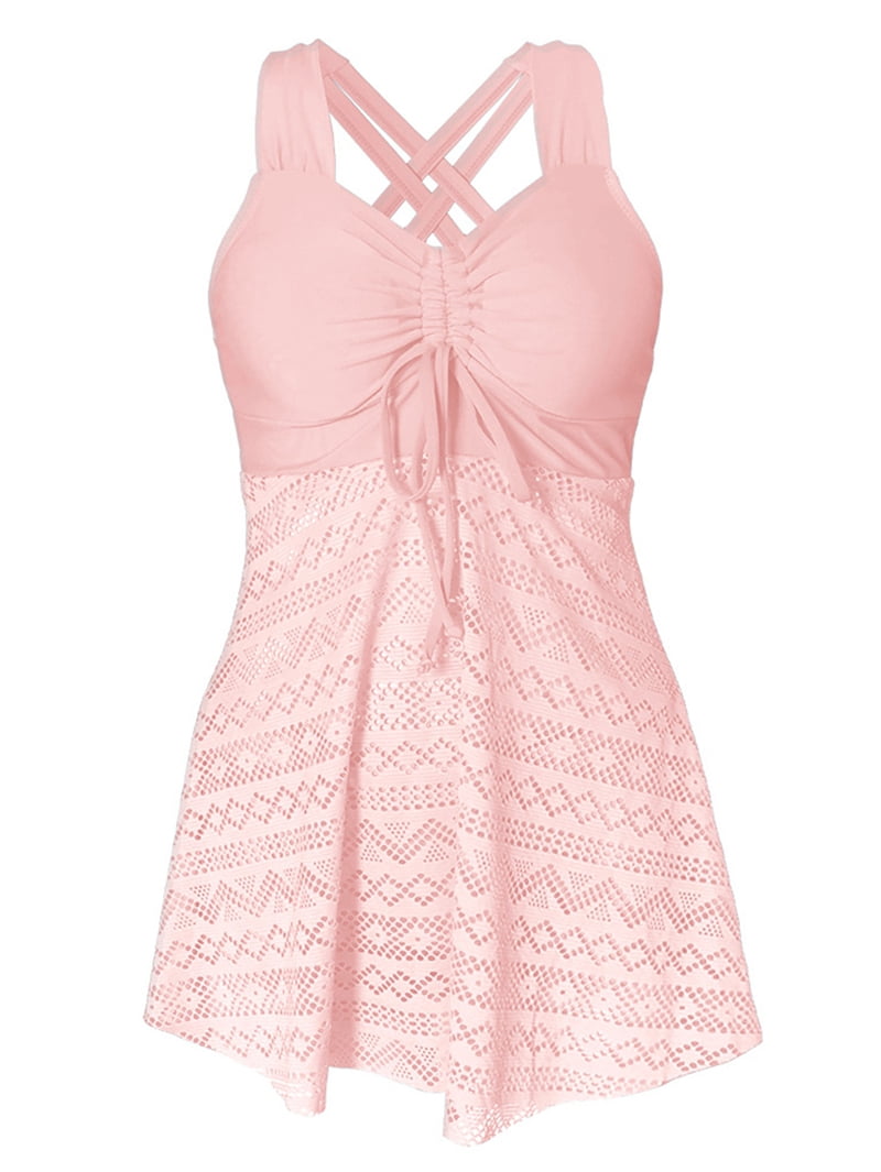 Womens Plus Size High Waist Skirted Swimsuit Tummy Control Lace Mesh Top and Swim Bottoms Light Pink 4XL