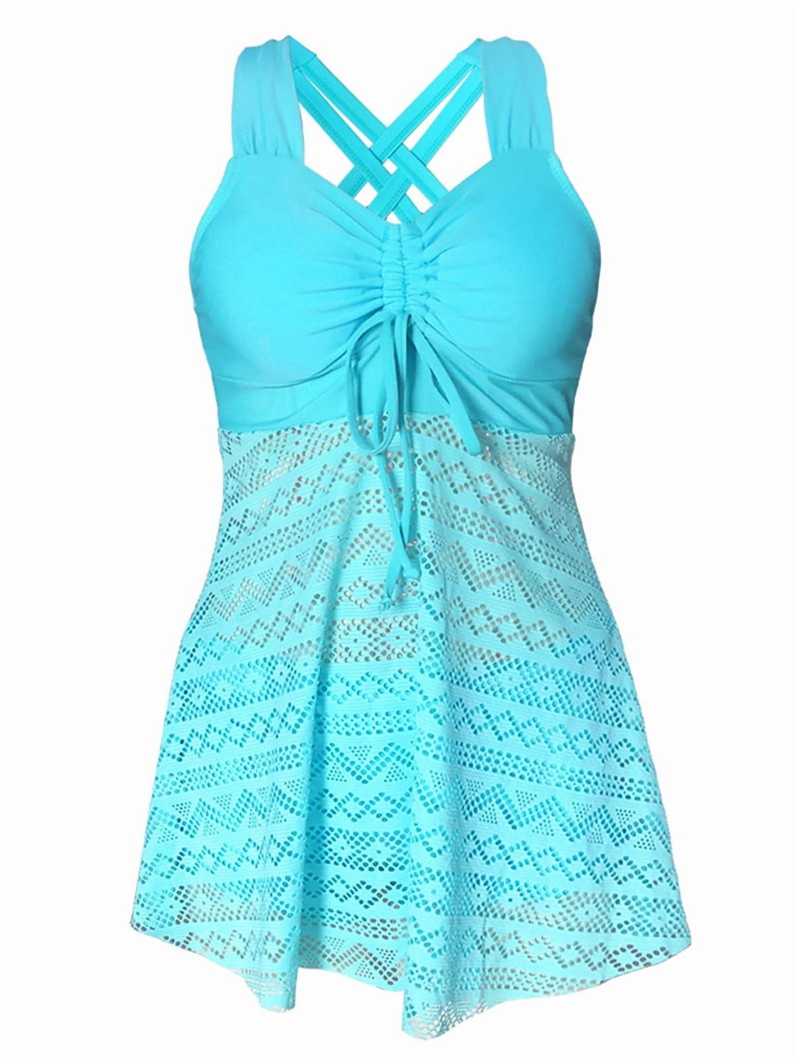 Womens Plus Size High Waist Skirted Swimsuit Tummy Control Lace Mesh Top and Swim Bottoms Mint Green XXL