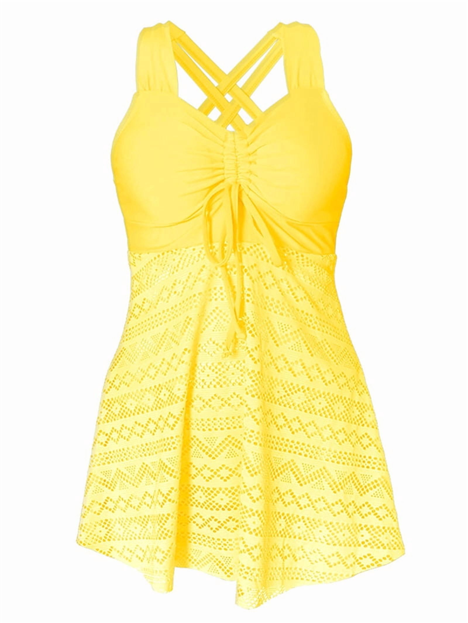 Womens Plus Size High Waist Skirted Swimsuit Tummy Control Lace Mesh Top and Swim Bottoms Yellow XXL