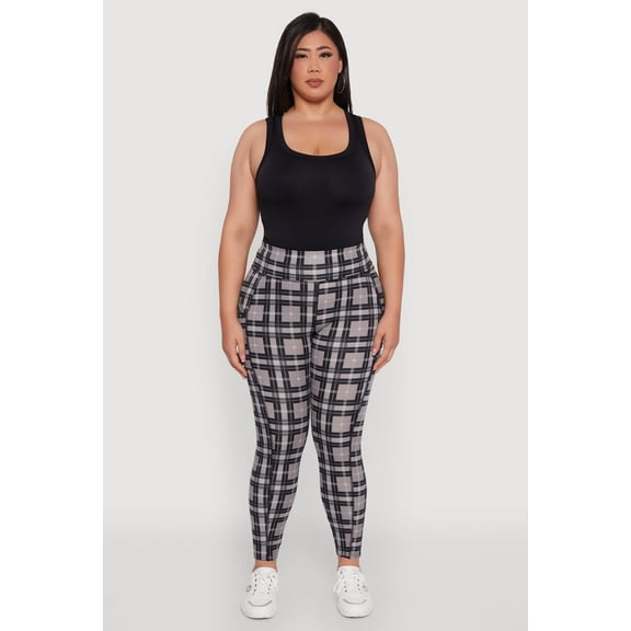 Womens Plus Size High Waisted Cell Phone Pocket Plaid Leggings