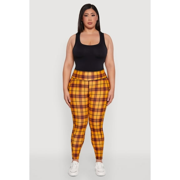 Womens Plus Size High Waisted Cell Phone Pocket Plaid Leggings