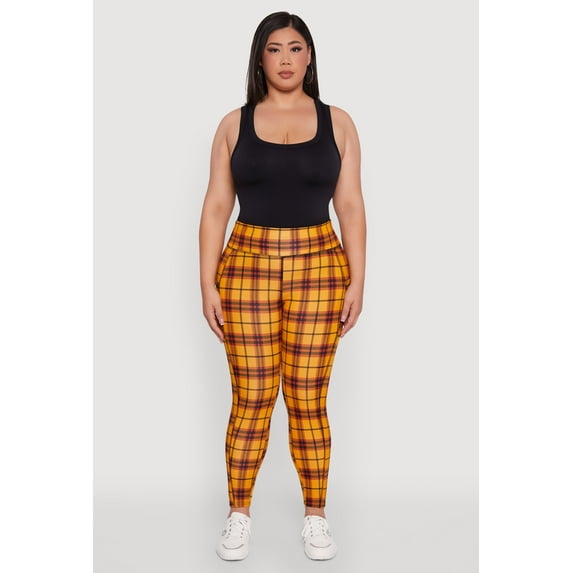 Womens Plus Size High Waisted Cell Phone Pocket Plaid Leggings
