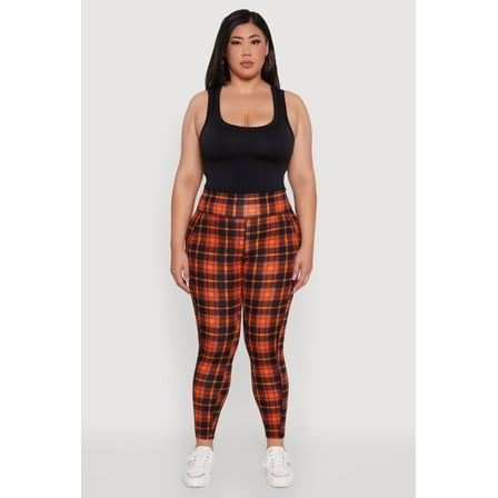 Womens Plus Size High Waisted Cell Phone Pocket Plaid Leggings