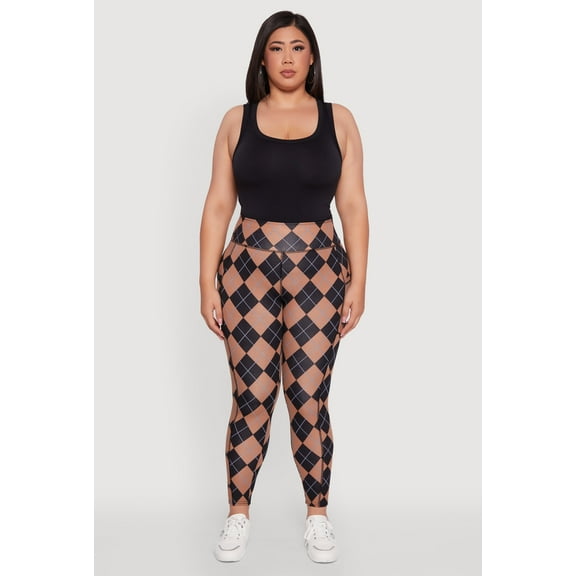 Womens Plus Size High Waisted Cell Phone Pocket Plaid Leggings