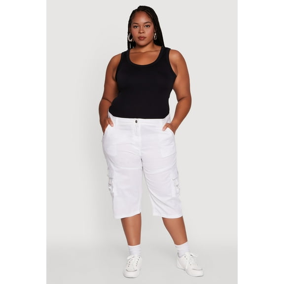 Womens Plus Size High Waisted Poplin Cargo Shorts