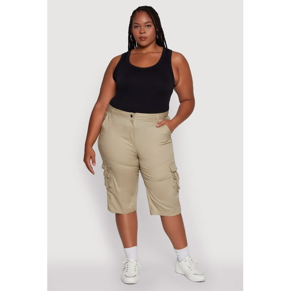 Womens Plus Size High Waisted Poplin Cargo Shorts