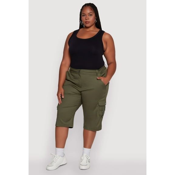 Womens Plus Size High Waisted Poplin Cargo Shorts