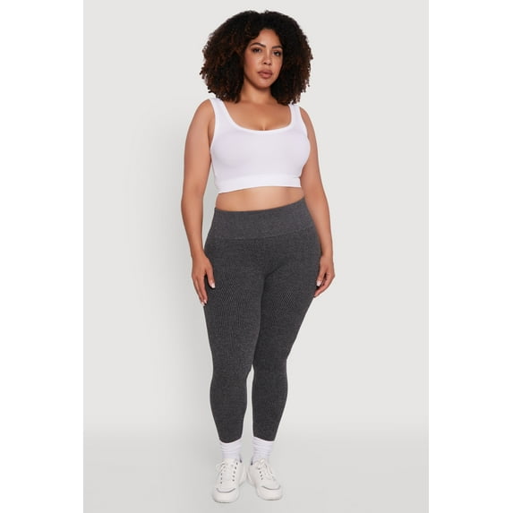 Womens Plus Size High Waisted Ribbed Knit Fleece Lined Leggings