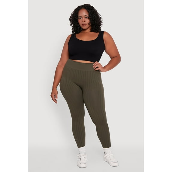 Womens Plus Size High Waisted Ribbed Knit Seamless Leggings