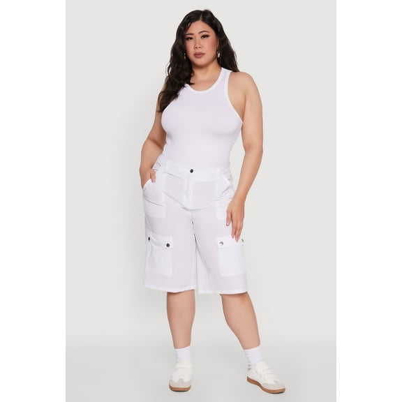 Womens Plus Size High Waisted Solid Nylon Cargo Shorts