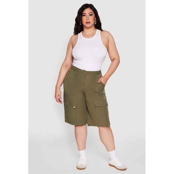Womens Plus Size High Waisted Solid Nylon Cargo Shorts