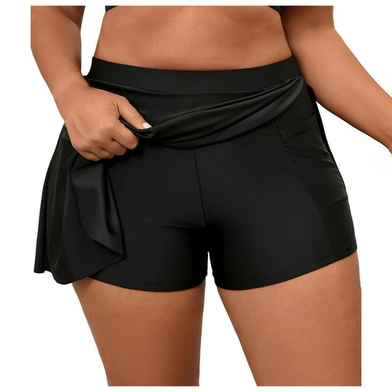 Womens Plus Size High Waisted Swim Skirt Bottom with Built-In Shorts, Black Full Coverage Tummy Control Swimwear,Size 2XL