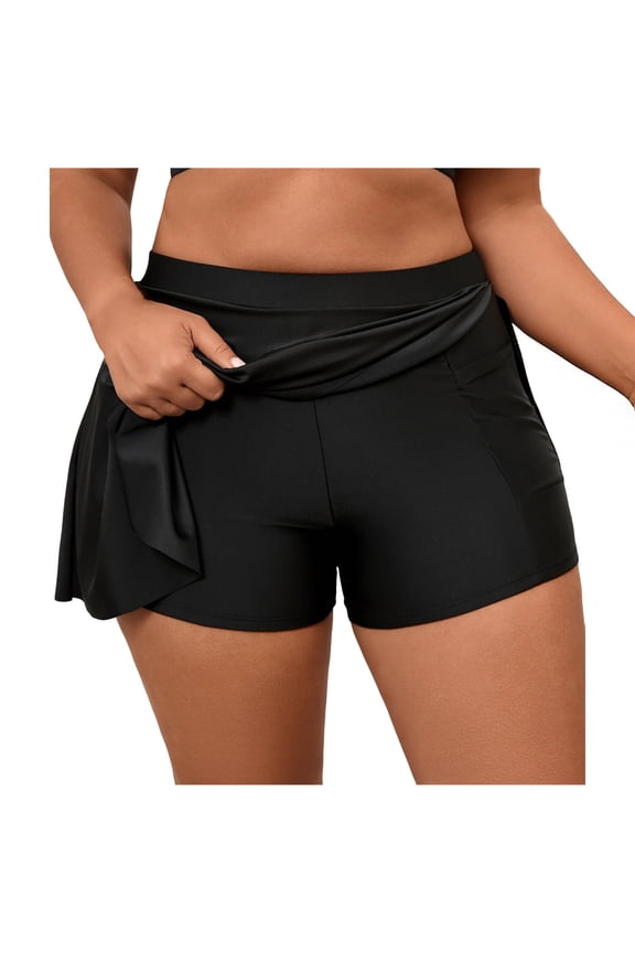 Womens Plus Size High Waisted Swim Skirt Bottom with Built-In Shorts, Black Full Coverage Tummy Control Swimwear,Size XL