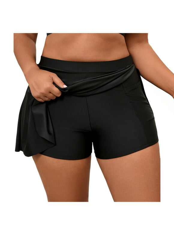 Womens Plus Size High Waisted Swim Skirt Bottom with Built-In Shorts, Black Full Coverage Tummy Control Swimwear,Size XL