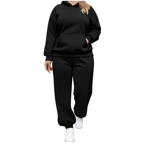 Womens Plus-Size Hooded Sweatshirt Set, Round Neck Pullover With Pockets + Sweat Pants For Cold Weather Gatherings Black L