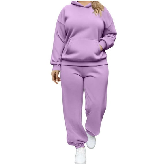 Womens Plus-Size Hooded Sweatshirt Set, Round Neck Pullover With Pockets + Sweat Pants For Cold Weather Gatherings Purple XL