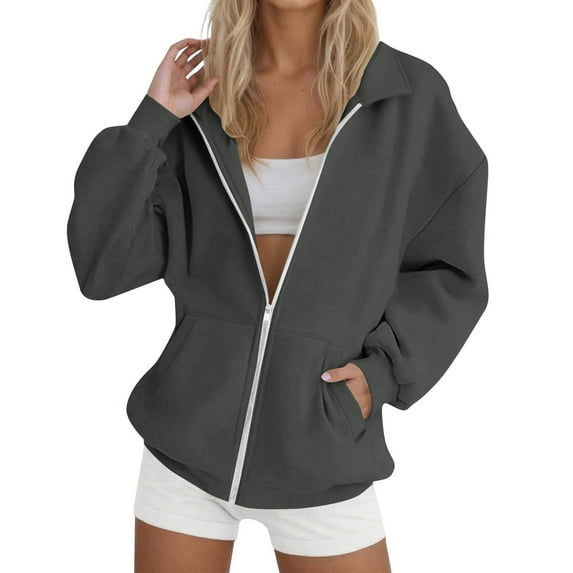 Womens Plus Size Hooded Sweatshirts, Zip Up Hoodies for Women Fall Fashion Solid Color Full Zip Long Sleeve Pullover with Pockets