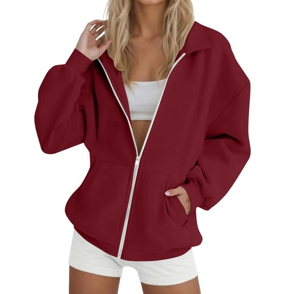 Womens Plus Size Hooded Sweatshirts, Zip Up Hoodies for Women Fall Fashion Solid Color Full Zip Long Sleeve Pullover with Pockets