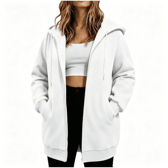 Womens Plus Size Hoodie Long Jackets Casual Full Zip Loose Fit Lightweight Fall Hooded Jacket White 2XL