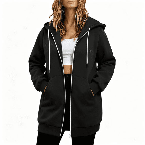 Womens Plus Size Hoodie Long Jackets Lightweight Loose Fit Full Zip Casual Fall Hooded Jacket Black XL