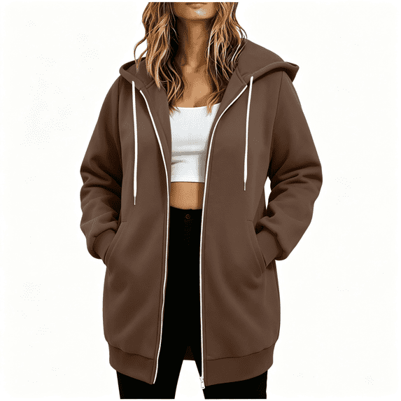 Womens Plus Size Hoodie Long Jackets Lightweight Loose Fit Full Zip Casual Fall Hooded Jacket Brown L-4XL