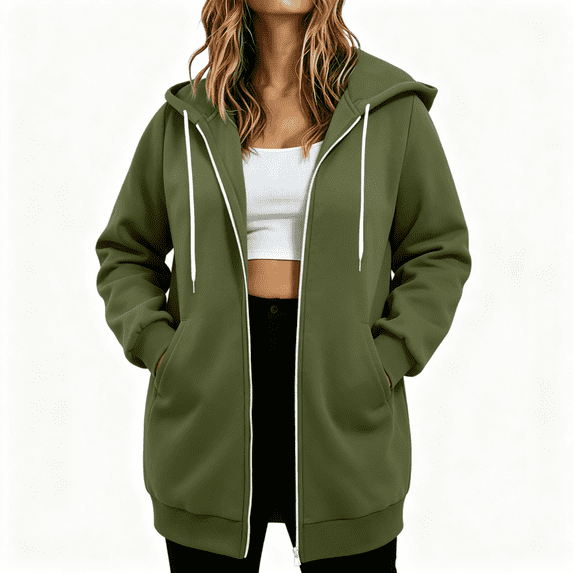 Womens Plus Size Hoodie Long Jackets Loose Fit Lightweight Casual Full Zip Fall Hooded Jacket Army Green 3XL
