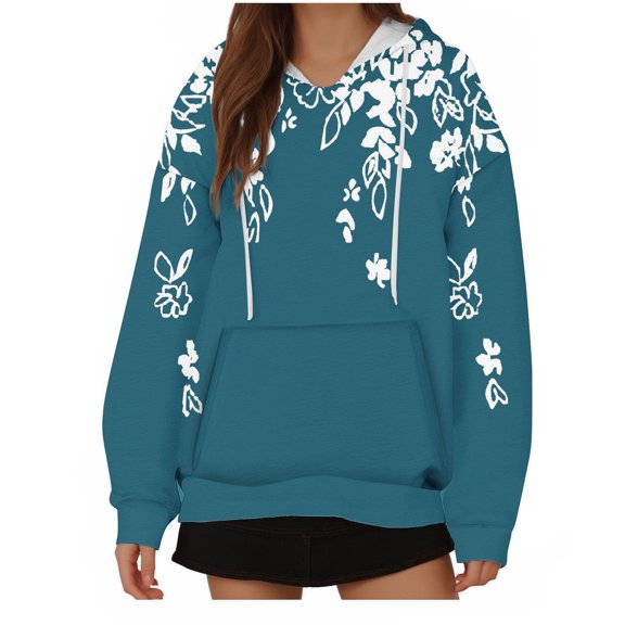 Womens Plus Size Hoodies Fall Winter Casual Loose Fitting Long Sleeve Drawstring Vintage Print Blouse Pullover T-Shirts Tops,Navy 2,S