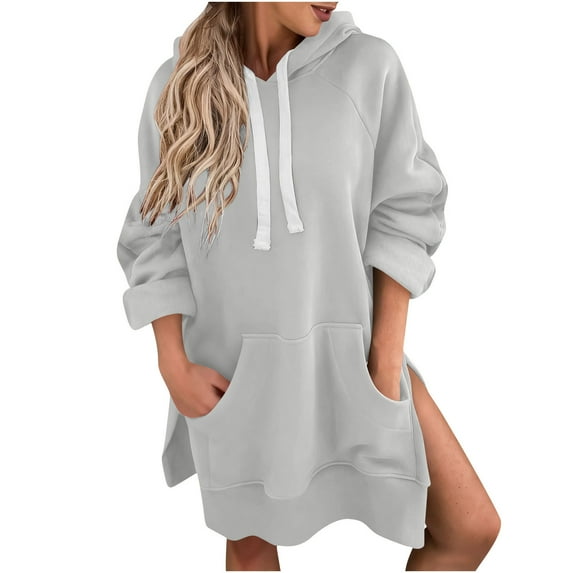 Womens Plus Size Hoodies, Long Sleeve Pullover for Women Fall Fashion Loose Fit Solid Color Side Slit Long Length Hooded Sweatshirts with Pockets