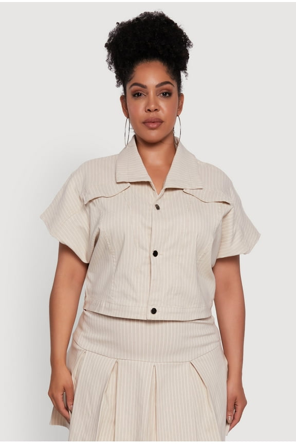 Womens Plus Size Hyperstretch Pinstripe Short Sleeve Top