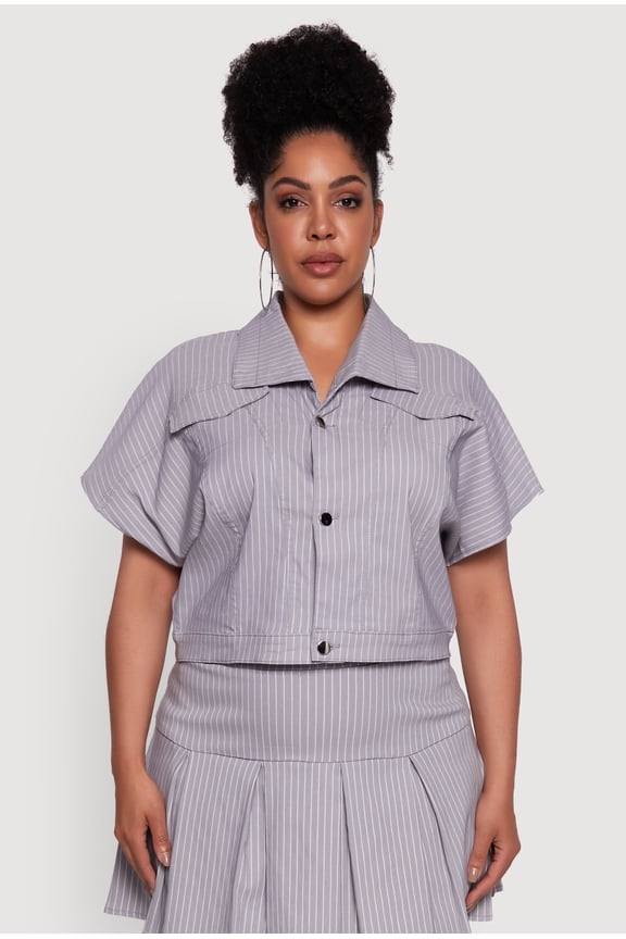 Womens Plus Size Hyperstretch Pinstripe Short Sleeve Top