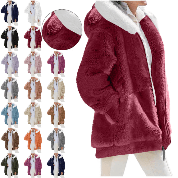 Womens Plus Size Jacket Oversized Soft Fleece Fuzzy Zip Up Hoodie Lined sweatshirts Zipper Fluffy Warm Coat Outwear with Pockets