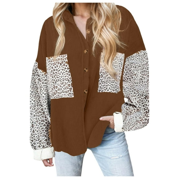 Womens Plus Size Jackets Corduroy Button Down Leopard Print Long Sleeve Shackets Lightweight Comfy Casual Loose Fit Coat