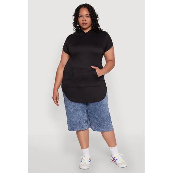 Womens Plus Size Kangaroo Pocket Tunic Hooded Top