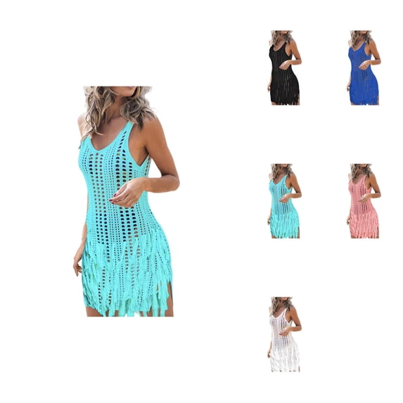 Womens Plus Size Knit Crochet Swimsuit Cover-Up, Solid Sleeveless V-Neck Beach Dress with Side Slit & Hollow-Out Design