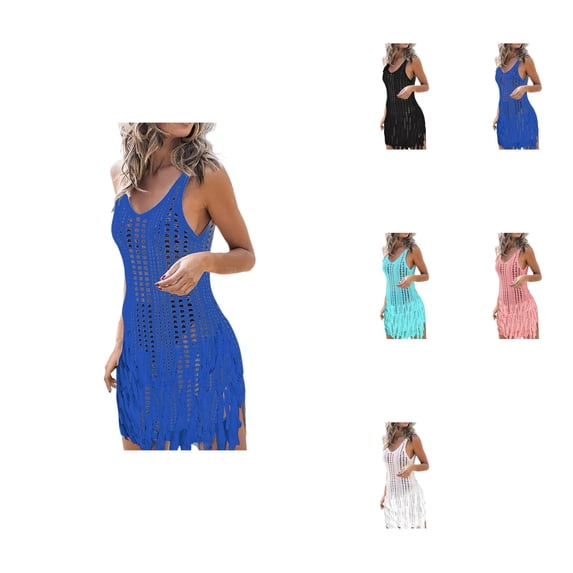 Womens Plus Size Knit Crochet Swimsuit Cover-Up, Solid Sleeveless V-Neck Beach Dress with Side Slit & Hollow-Out Design