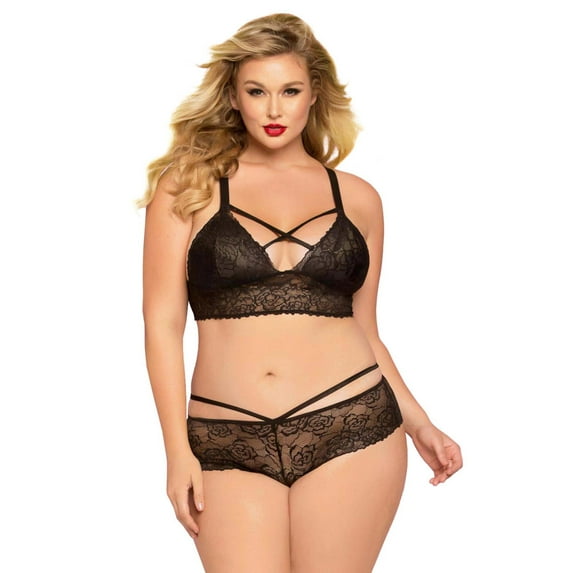 Womens Plus Size Lace Bralette Set- Rose Lace Bra Top and Lattice Back Panty Lingerie
