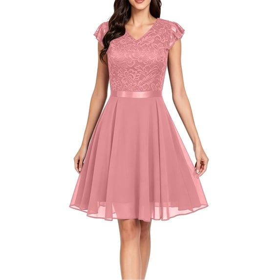 Womens Plus Size Lace Flowy Cocktail Wedding Guest Midi Dress Summer Cocktail Dress,V Neck, formal Flowy Chffion Dress, A-line Pink XL(XL)