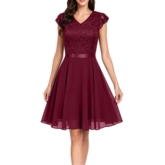 Womens Plus Size Lace Flowy Cocktail Wedding Guest Midi Dress Summer Cocktail Dress,V Neck, formal Flowy Chffion Dress, A-line Wine S(S)